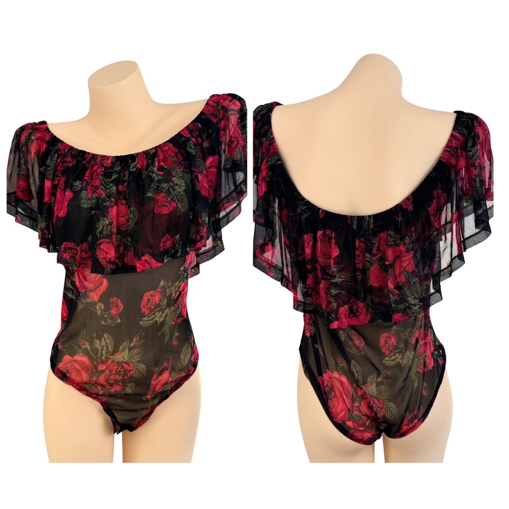 Audrey Lane XL Red Rose Floral Mesh Off Shoulder Ruffle Bodysuit Coquette Goth